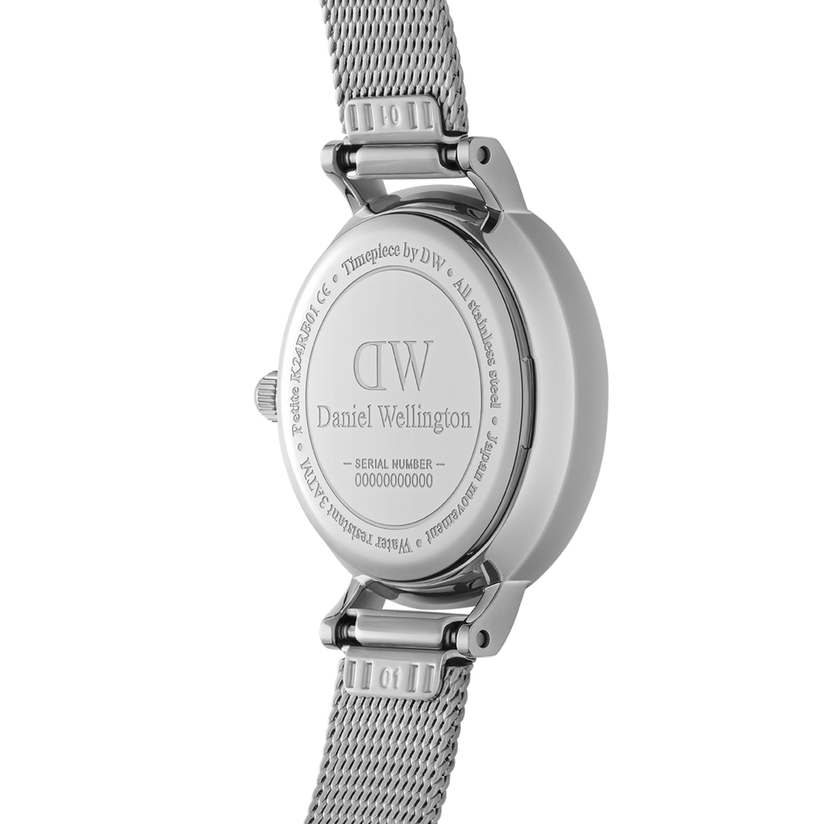 Back view of Petite Pressed Sterling women’s watch showing engraved case and silver mesh strap, Daniel Wellington branding.