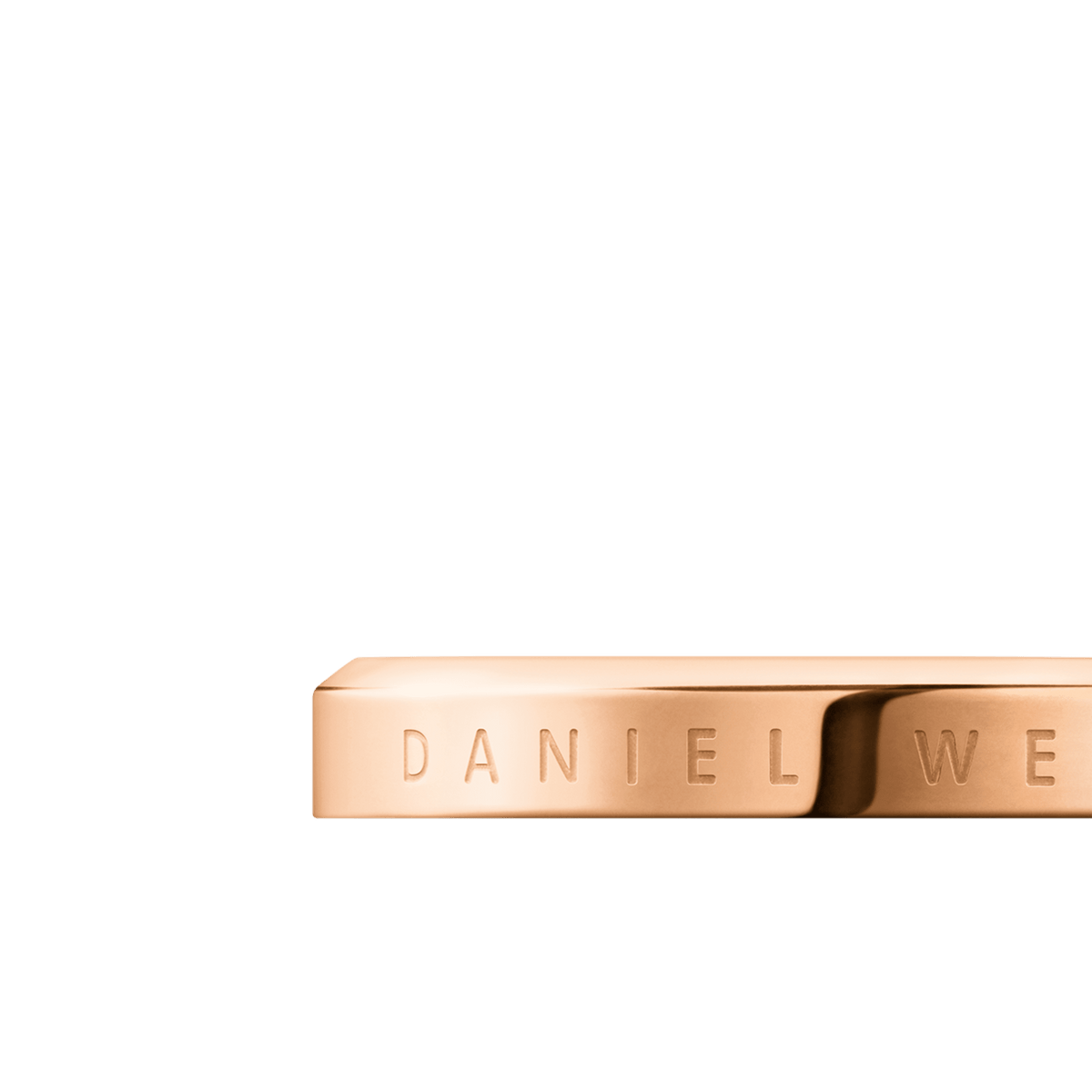 Close-up of the Classic Ring Rose Gold by Daniel Wellington, highlighting the engraved branding on the polished rose gold band.