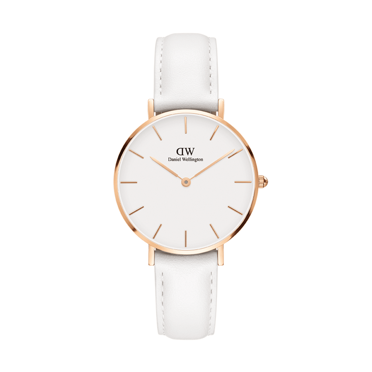 Daniel Wellington Petite Bondi Rose Gold watch with white leather strap and minimalist eggshell dial for women.