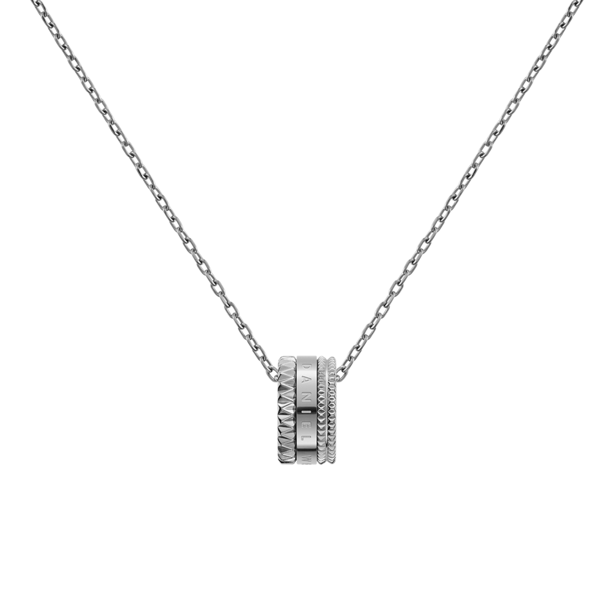 Stainless steel silver necklace with an intricate geometric ring pendant featuring engraved and textured detailing on a fine cable chain.