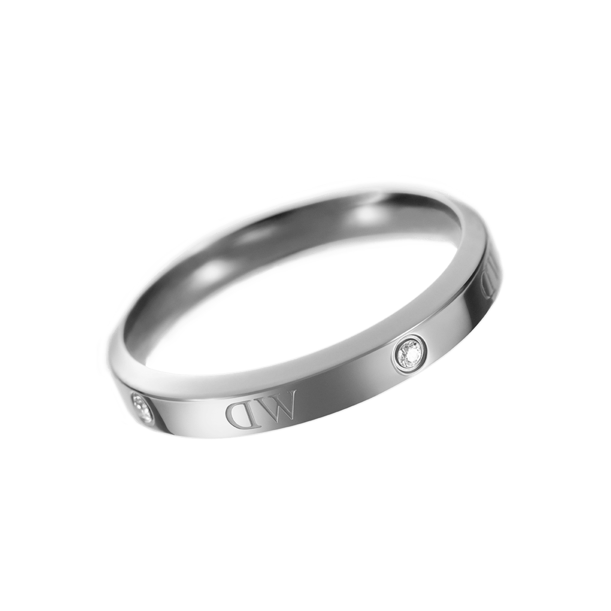 Slim Classic Lumine Ring Silver with a polished stainless steel band, sparkling crystal accents, and engraved Daniel Wellington logo.