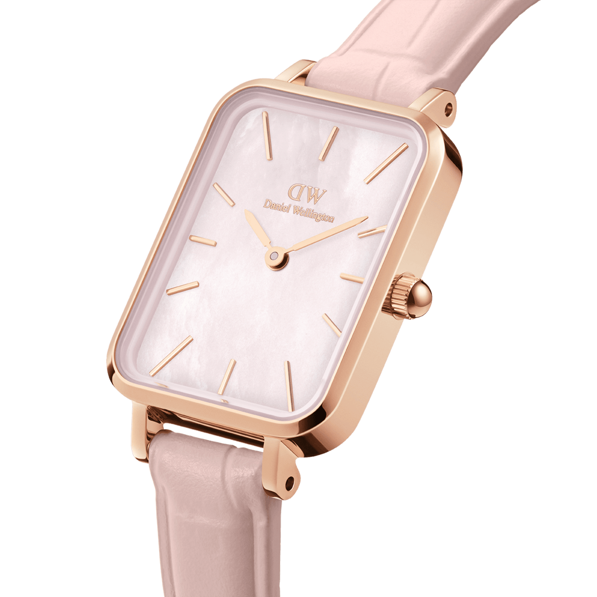 Quadro Pressed Rouge women’s watch featuring a rectangular rose gold case, iridescent pink mother of pearl dial, gold detailing, and a nude pink croc-pattern leather strap.