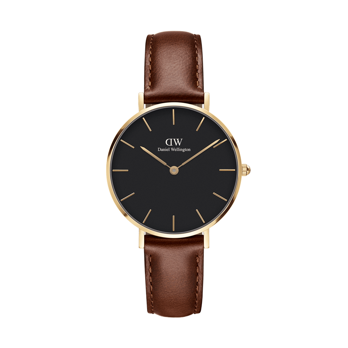 Daniel Wellington Petite St Mawes Gold women’s watch with black dial, gold case, and brown leather strap.