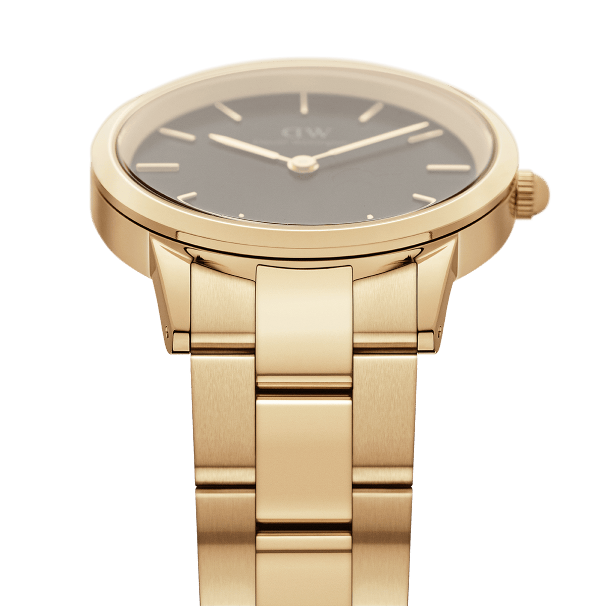 Close-up of Iconic Link Gold women’s watch with black dial and gold-plated stainless steel link bracelet by Daniel Wellington.