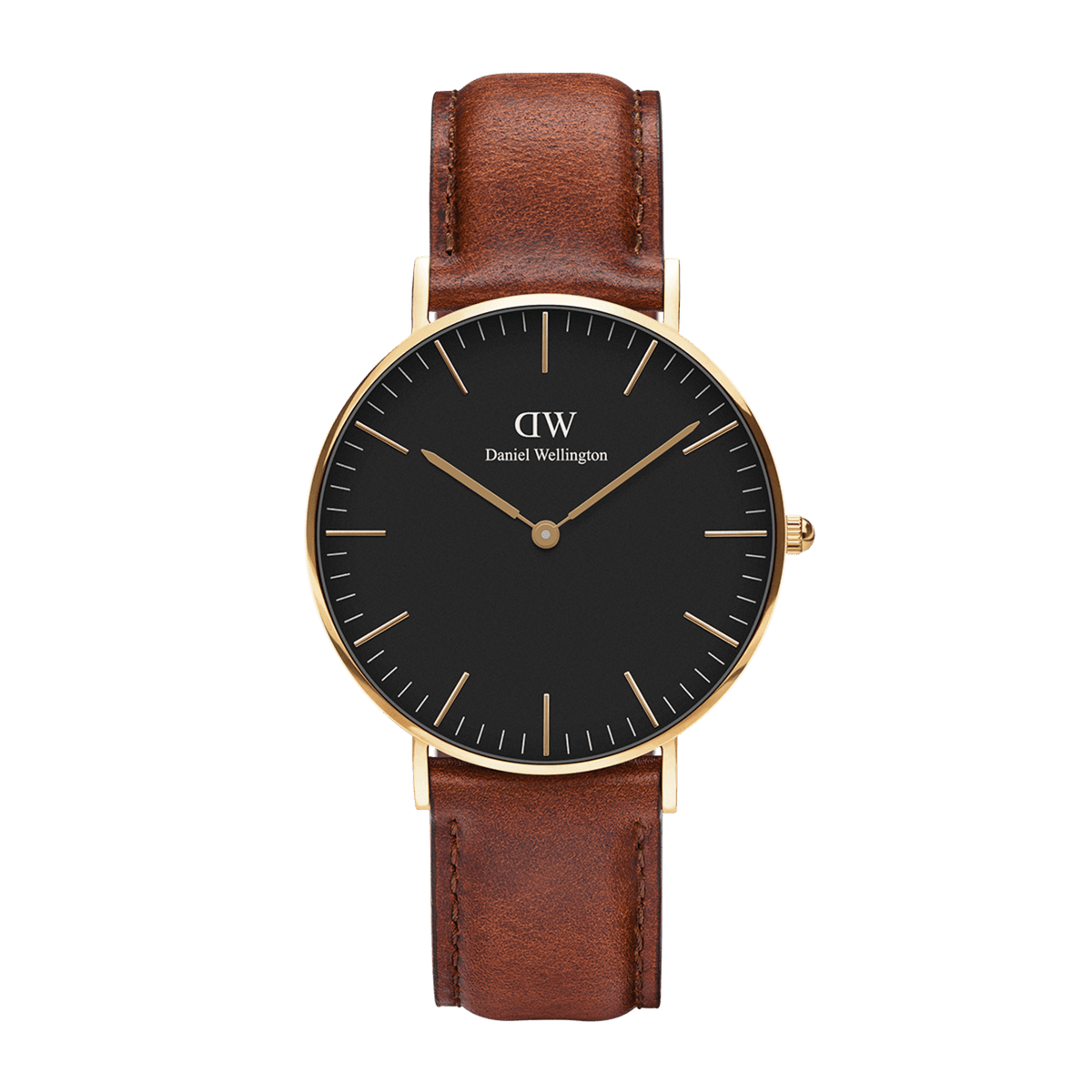 Daniel Wellington Classic St Mawes Gold watch with black dial, gold case, and brown leather strap, minimalist unisex style.