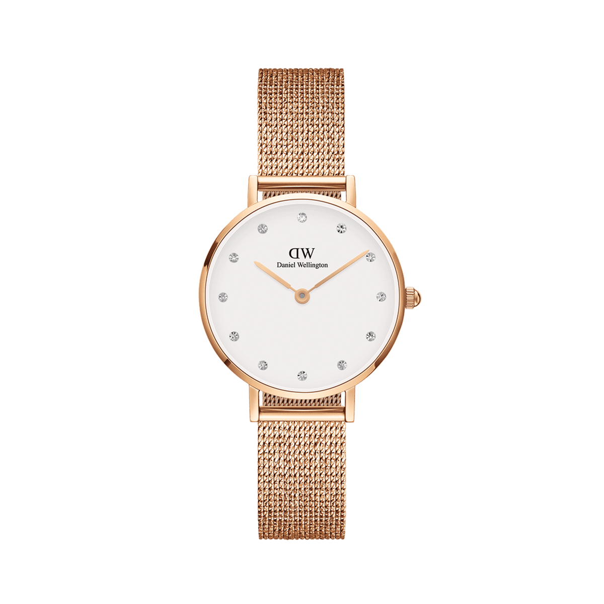 Rose gold mesh strap women’s watch with eggshell white dial and crystal hour markers, Petite Lumine Pressed Melrose.