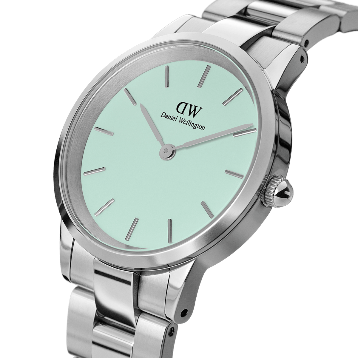 Daniel Wellington Iconic Link Mint Silver women’s watch with pastel green dial and stainless steel link bracelet.