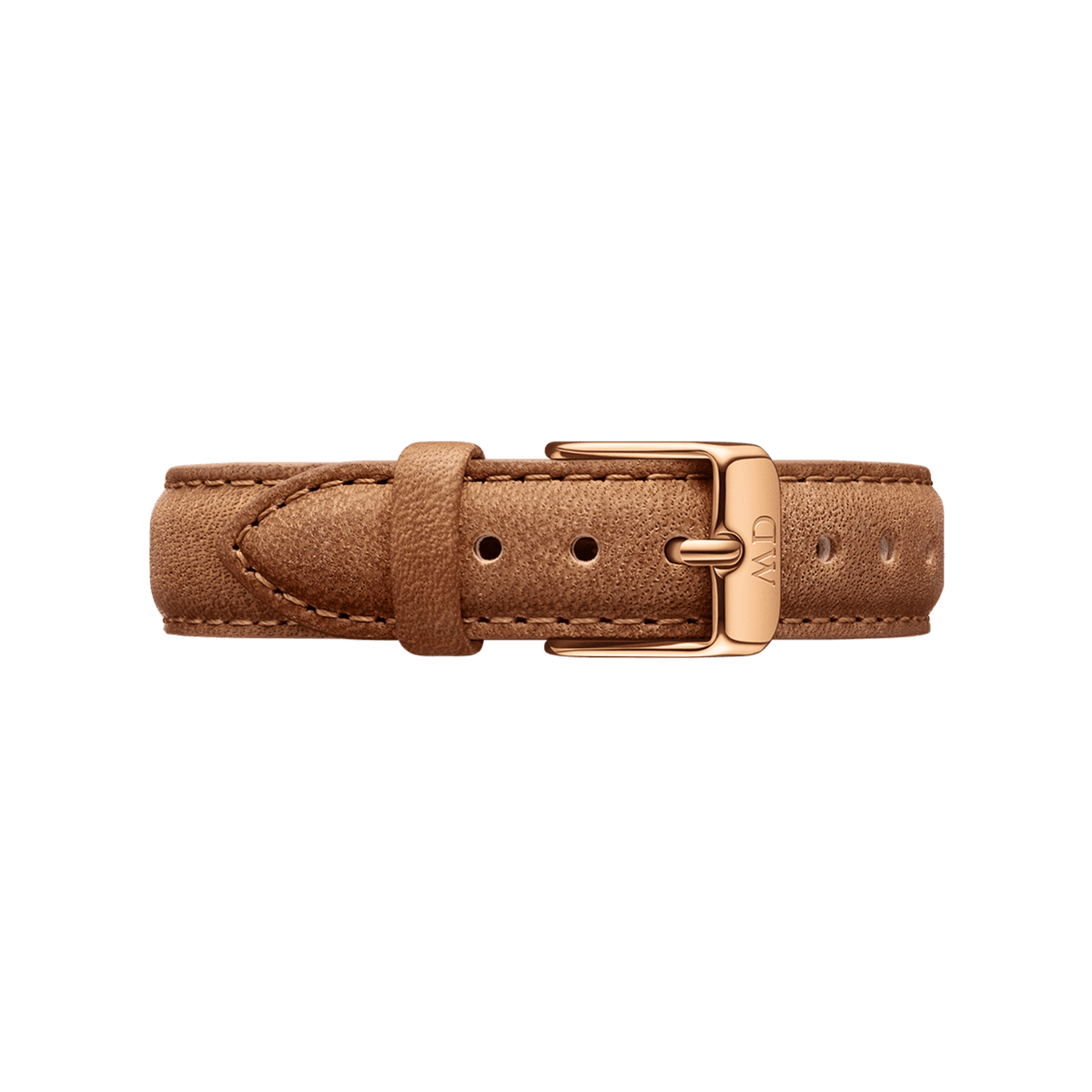 Light brown genuine leather watch strap with visible stitching and a rose gold buckle engraved with the Daniel Wellington logo.