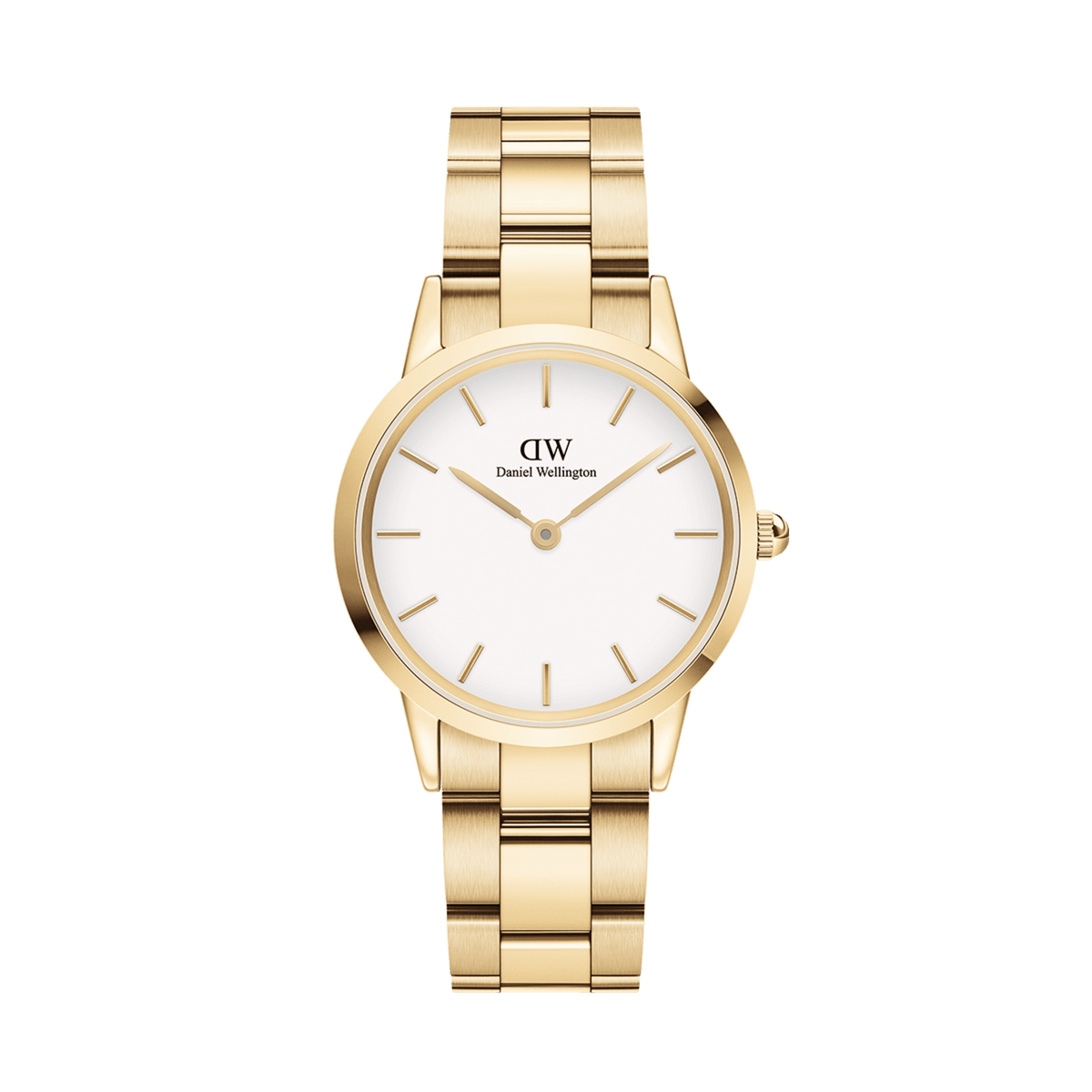 Daniel Wellington Iconic Link gold women’s watch with white dial, gold hour markers and polished stainless steel link bracelet.