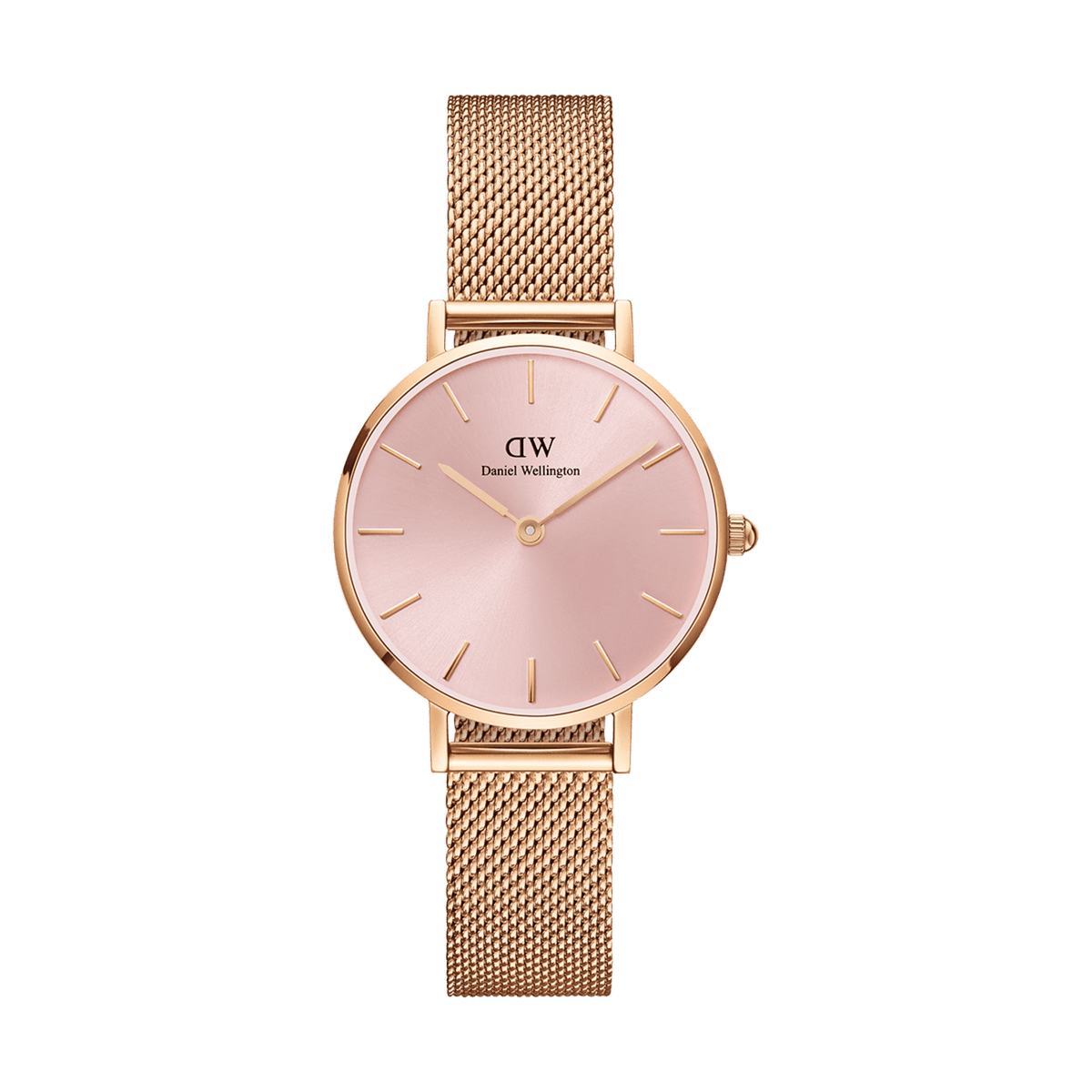 Petite Melrose Light Pink women's watch featuring a delicate pink dial, minimalist markers, and an adjustable rose gold mesh strap.