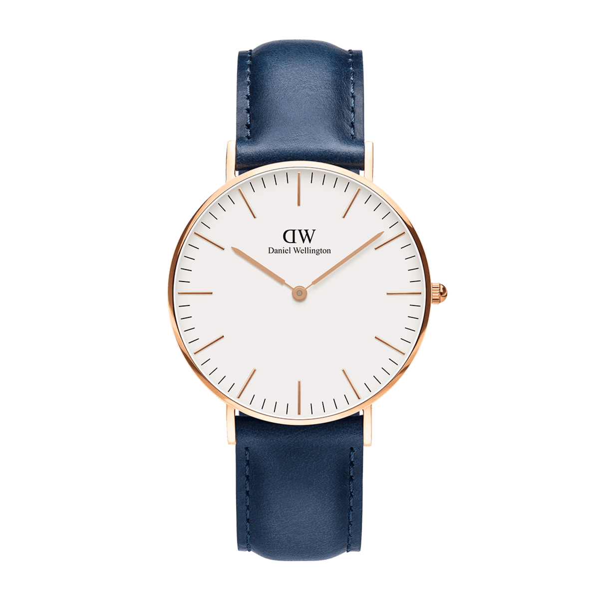Elegant Classic Somerset watch with a slim rose gold case, minimalist white dial, and navy blue leather strap.
