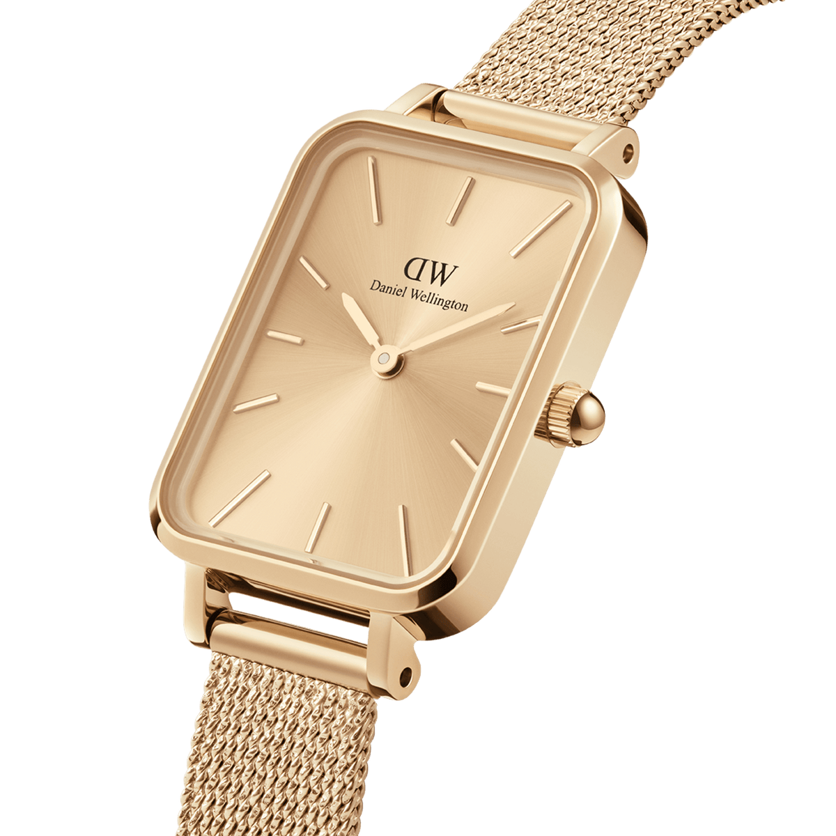 Quadro Pressed Unitone Gold watch with rectangular gold dial and pressed mesh strap, featuring a polished minimalist design.
