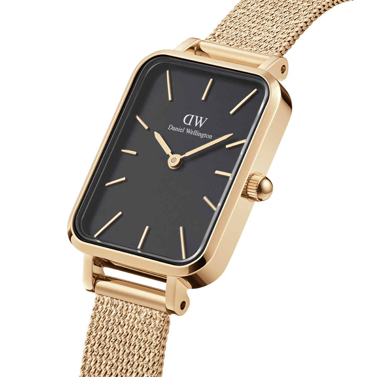 Quadro Pressed Evergold Black Gold watch featuring a rectangular gold case, minimalist black dial, gold hour markers, and a fine gold mesh strap.