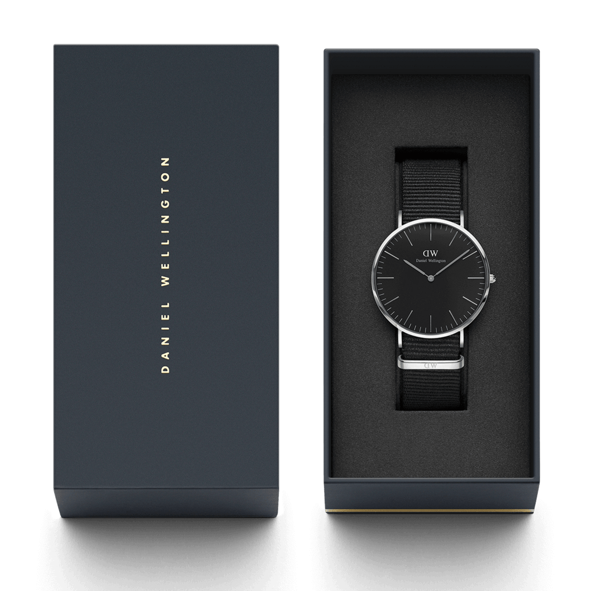 Classic Cornwall Black Silver watch with a black dial and NATO strap, elegantly presented in a signature Daniel Wellington gift box.