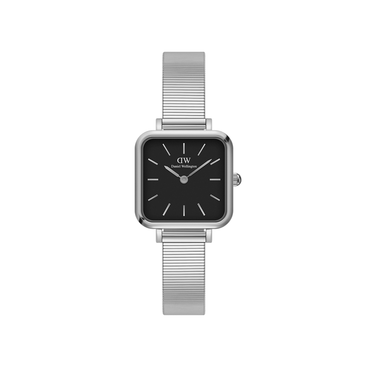 Silver square women’s watch with black dial, minimalist markers, and a sleek stainless steel piano link strap.