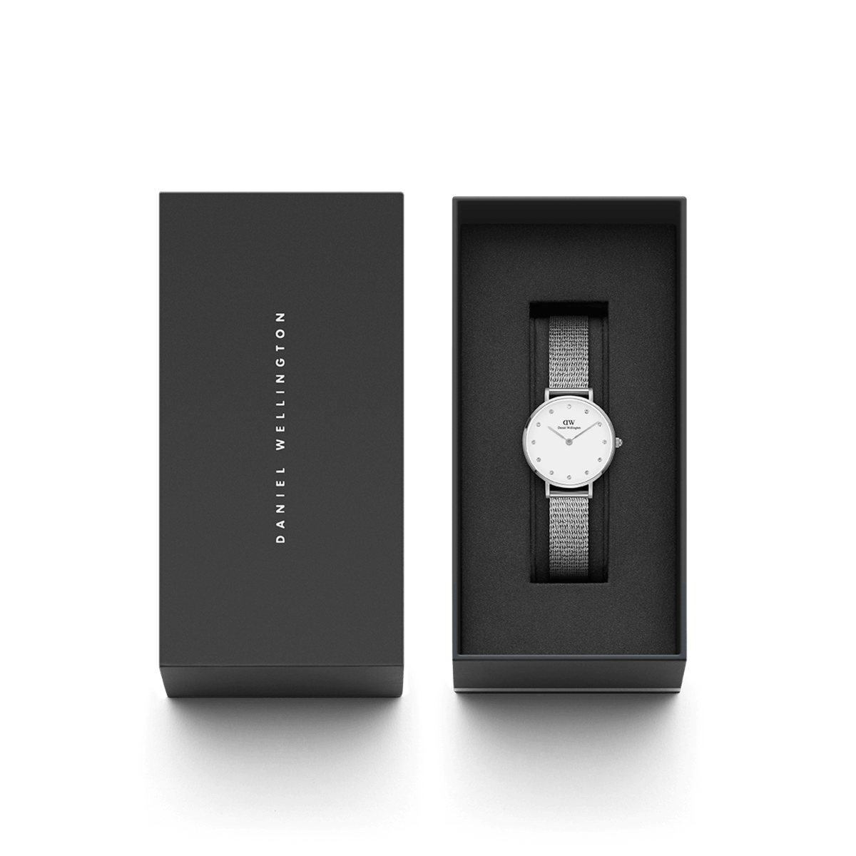 Petite Lumine Pressed Sterling women’s watch with silver mesh strap presented in a sleek Daniel Wellington gift box.