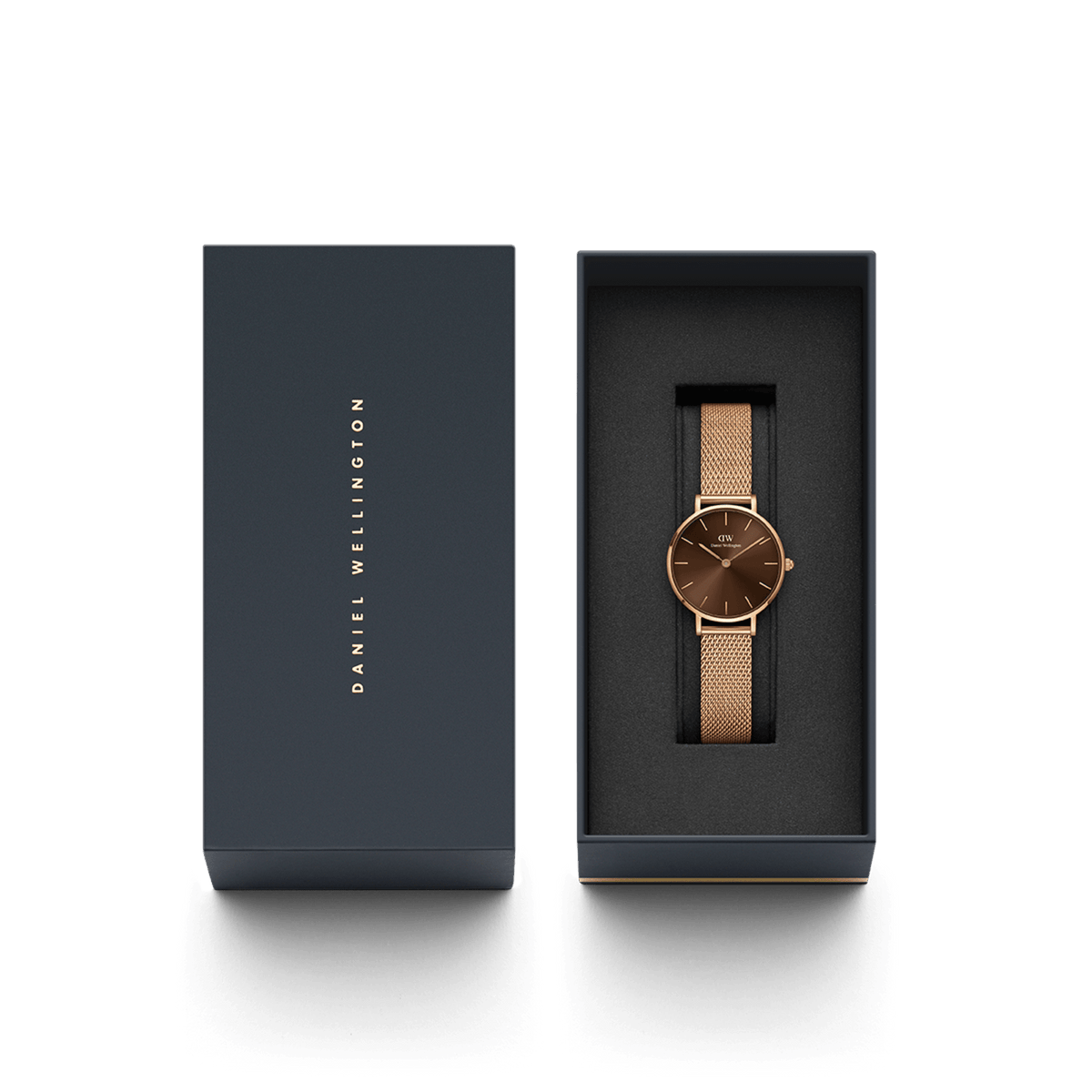 Petite Amber rose gold women’s watch with an amber brown dial and mesh strap, elegantly presented in a Daniel Wellington signature gift box.