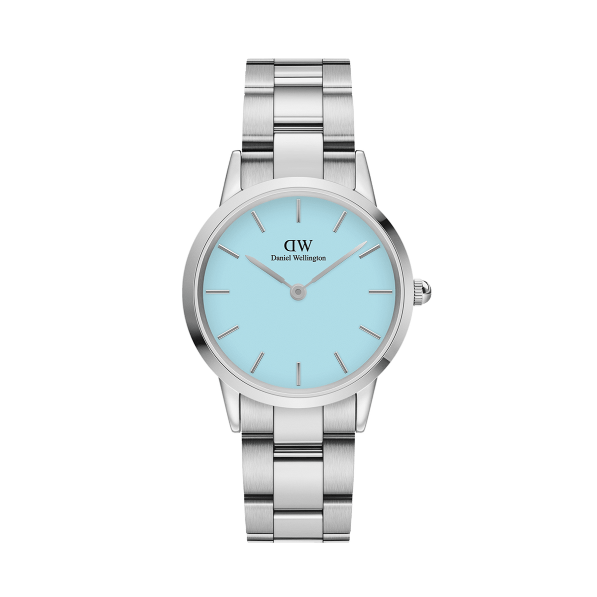 Daniel Wellington Iconic Link Capri Silver women’s watch with pastel blue dial and stainless steel bracelet, minimalist design.