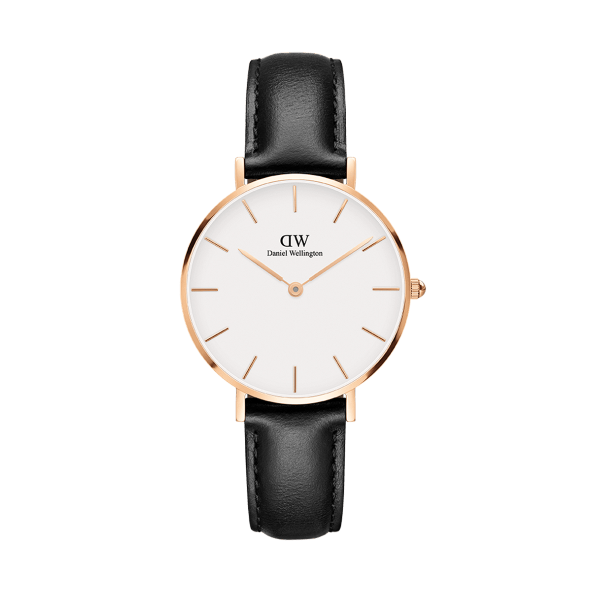 Petite Sheffield Rose Gold watch featuring a minimalist eggshell white dial, rose gold case, and a smooth black leather strap.