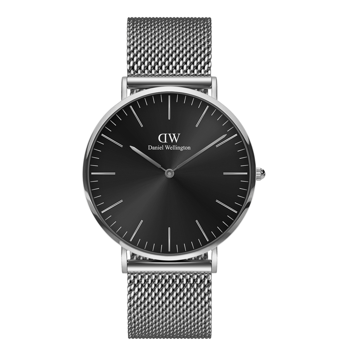 Classic Mesh Onyx watch featuring a black sunray dial, minimalist silver hour markers, and a polished stainless steel mesh strap.