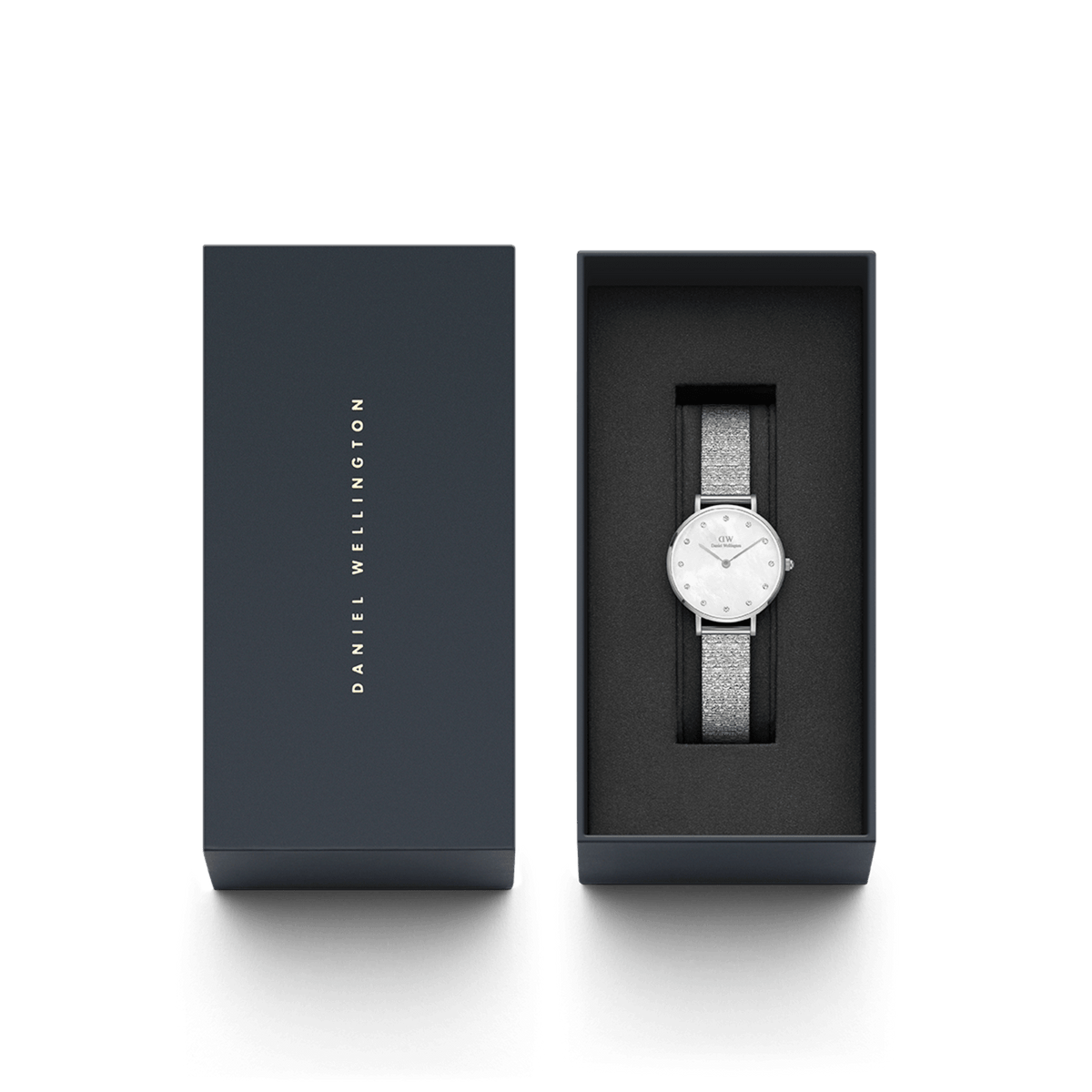 Petite Lumine Pressed Piano Silver watch with mother of pearl dial in a Daniel Wellington gift box, perfect for gifting.
