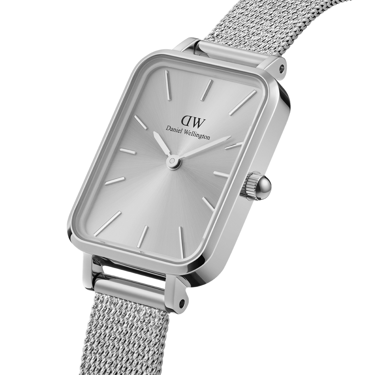 Quadro Pressed Unitone Silver women’s watch with rectangular stainless steel case and silver mesh strap, minimalist style.