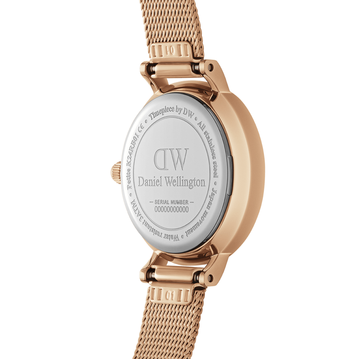 Back view of the Petite Pressed Melrose Black watch showing the engraved Daniel Wellington case and rose gold pressed mesh strap.
