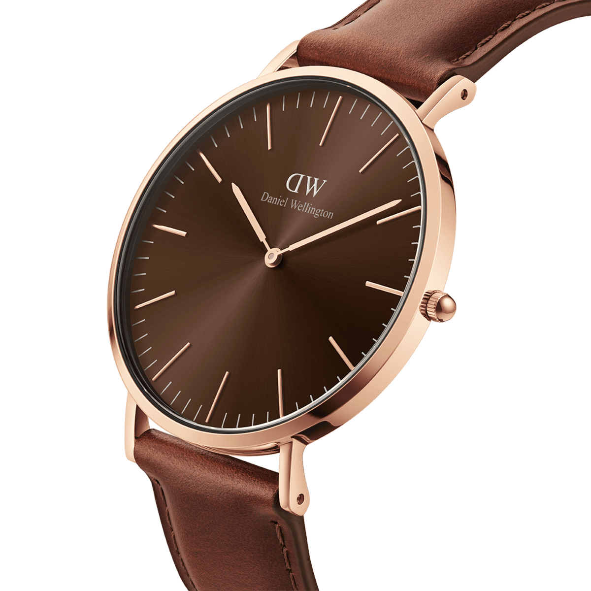 Classic St Mawes Amber Rose Gold watch with a brown sunray dial, minimalist rose gold case, and a smooth brown leather strap.