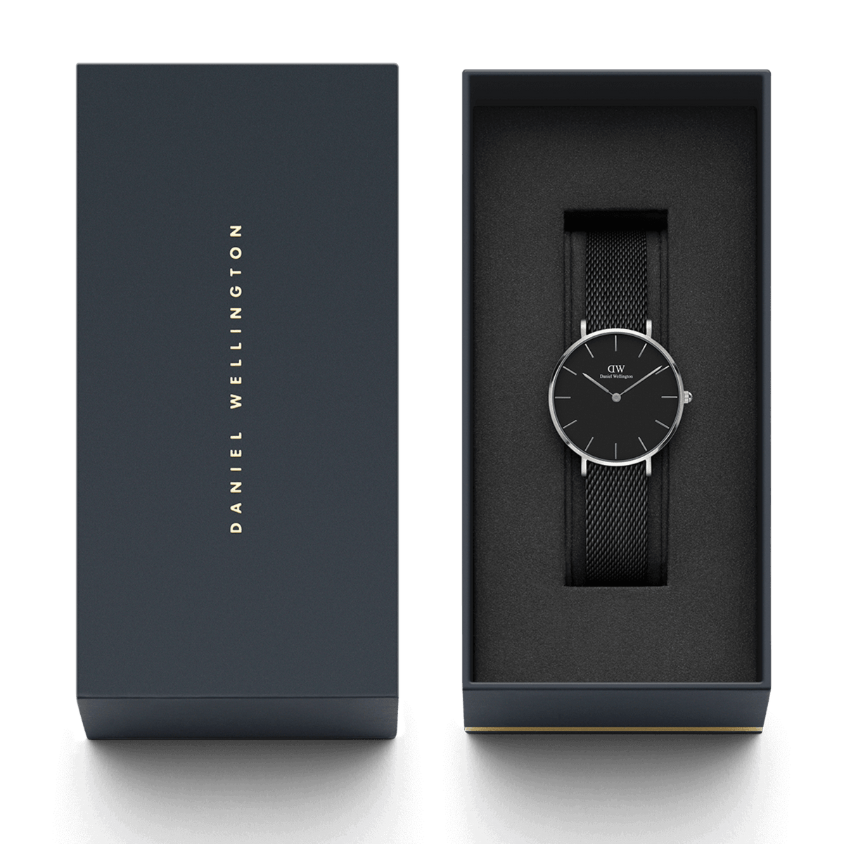 Petite Ashfield Silver women’s watch with black mesh strap in Daniel Wellington gift box, elegant minimalist packaging.