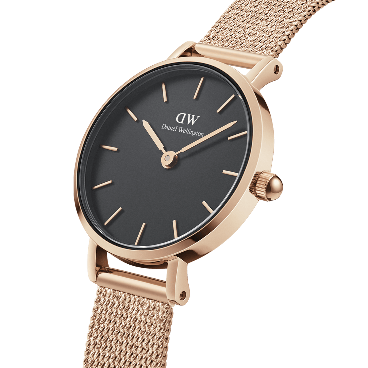 Petite Pressed Melrose Black women’s watch featuring a slim rose gold case, minimalist black dial, and an elegant pressed mesh bracelet.