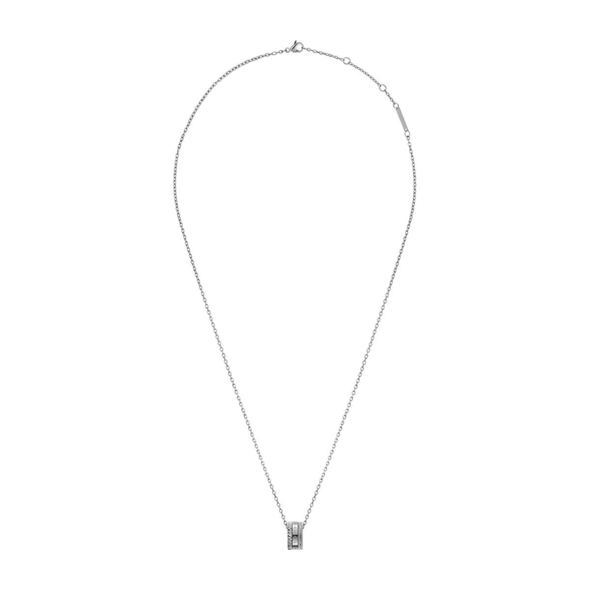 Elegant silver chain necklace with an adjustable length, featuring a geometric ring pendant with polished and textured detailing.