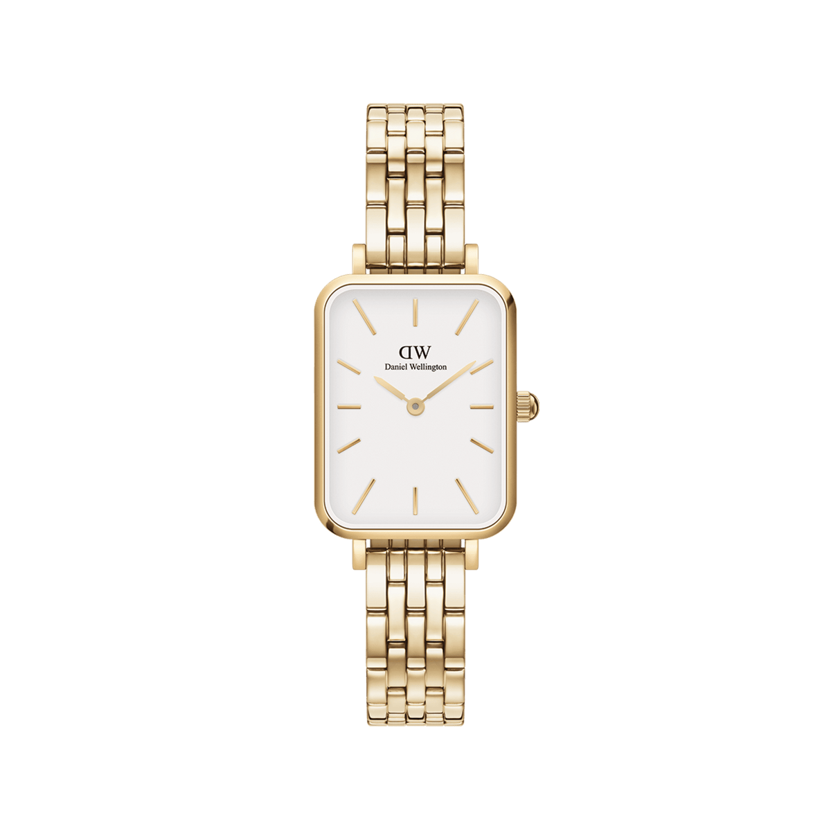 Elegant Quadro 5-Link Evergold women’s gold watch with rectangular case, eggshell white dial, and gold-plated bracelet.