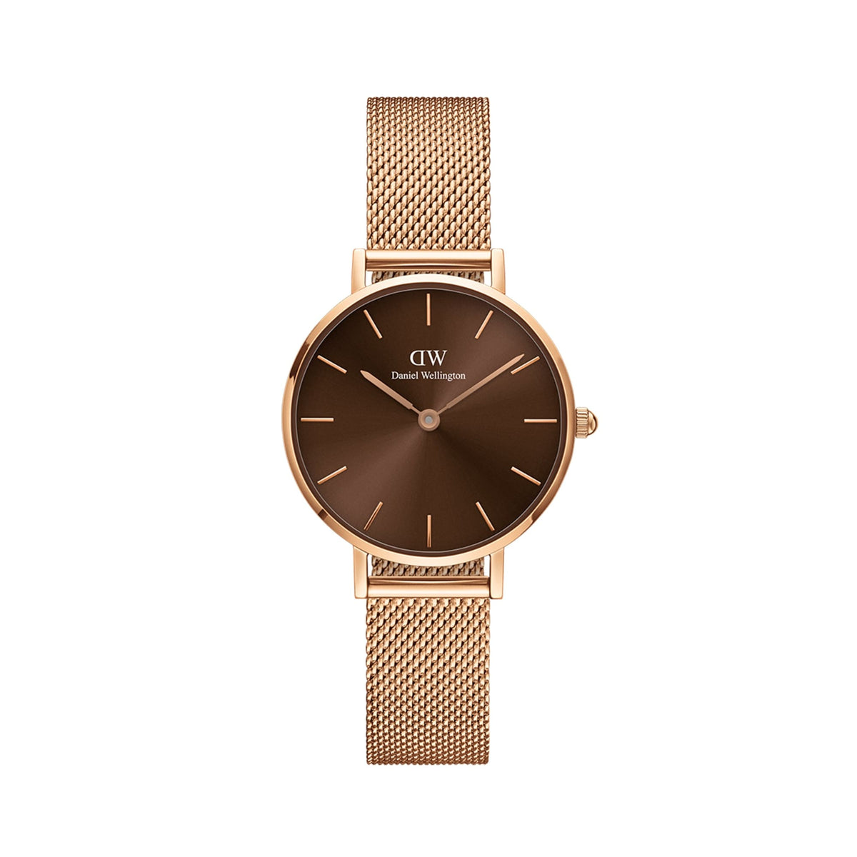 Petite Amber women’s watch with a 28mm rose gold case, amber brown sunray dial, and a refined mesh strap.
