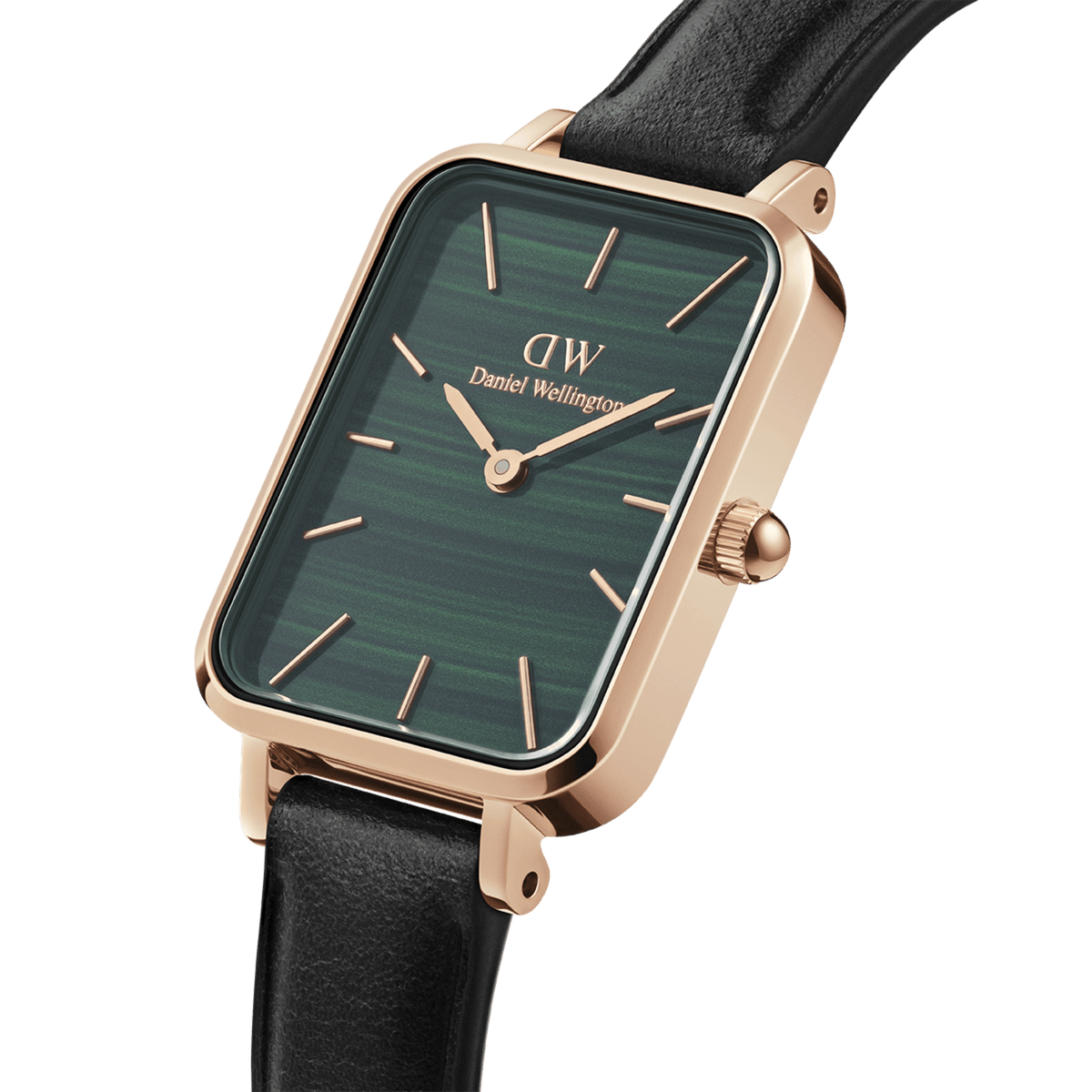 Quadro Pressed Sheffield Green Rose Gold women’s watch with a rectangular green malachite-inspired dial, rose gold case, minimalist markers, and a black leather strap.