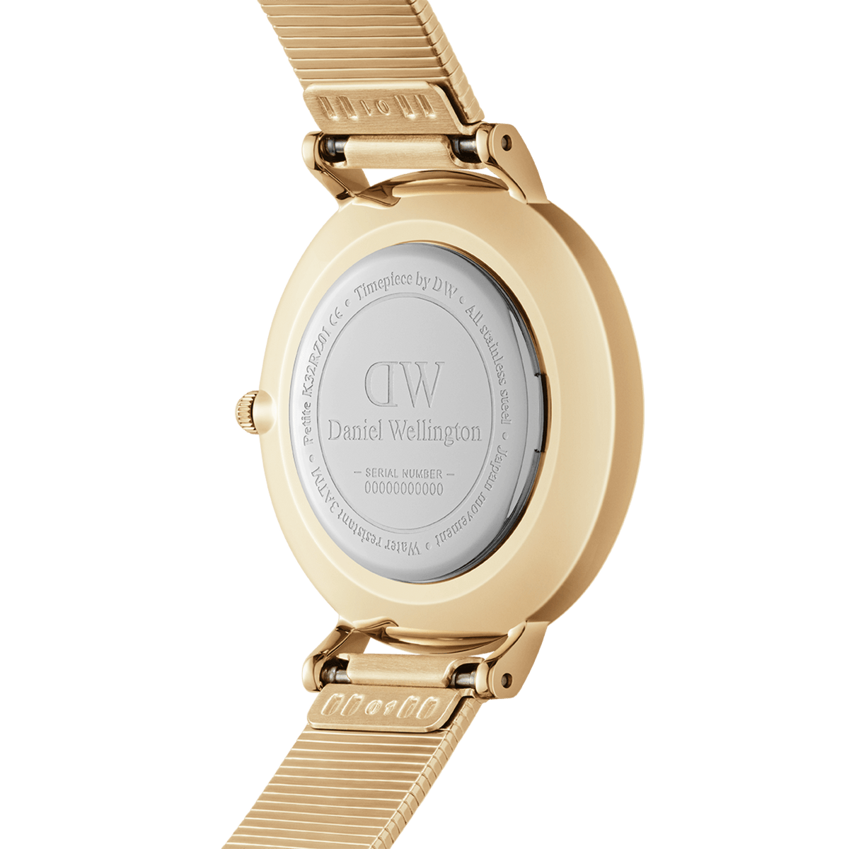 Back view of Petite Lumine Pressed Piano Gold watch showing engraved Daniel Wellington case and gold piano-link strap.