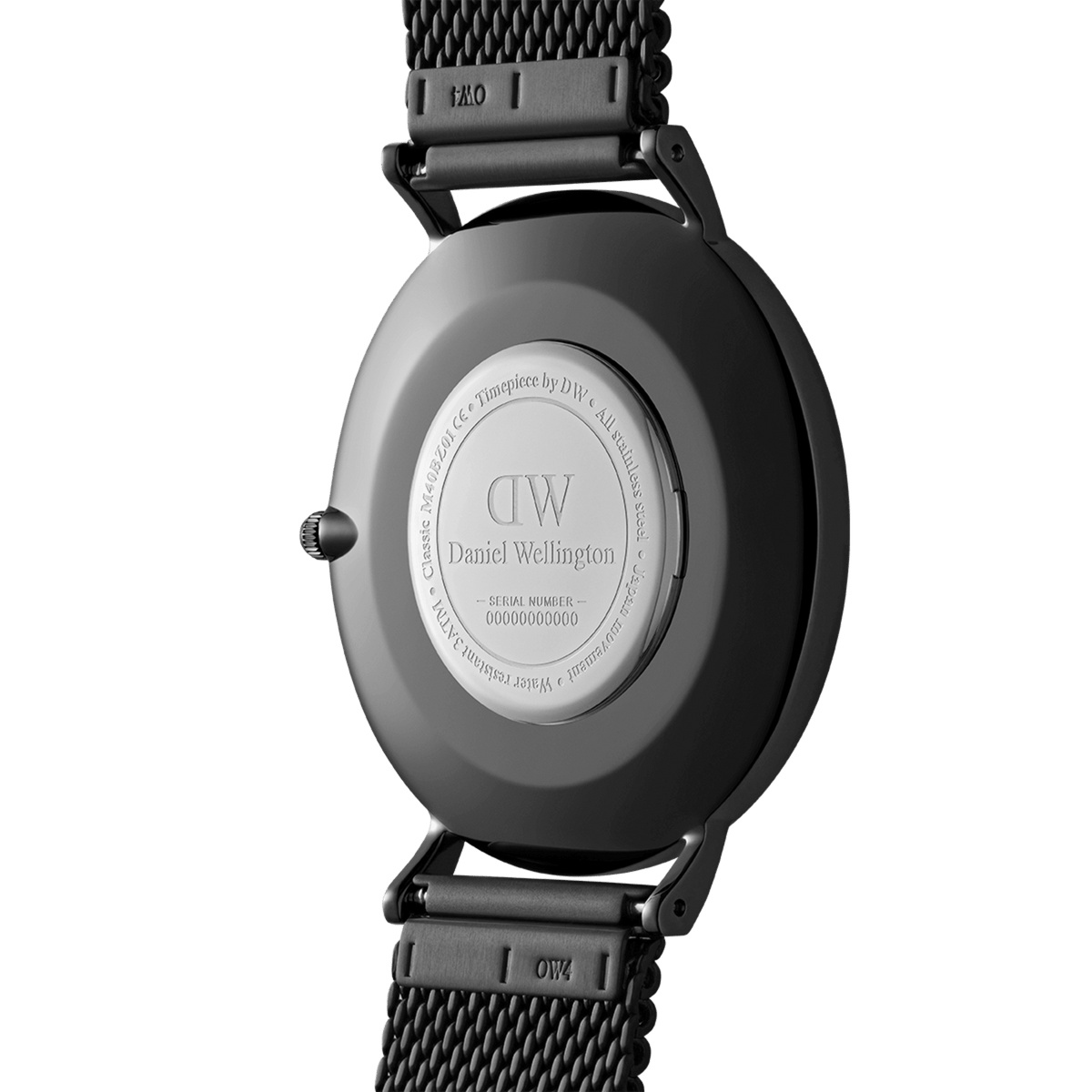 Back view of the Classic Mesh Onyx Black watch showing the engraved Daniel Wellington caseback and black stainless steel mesh strap.