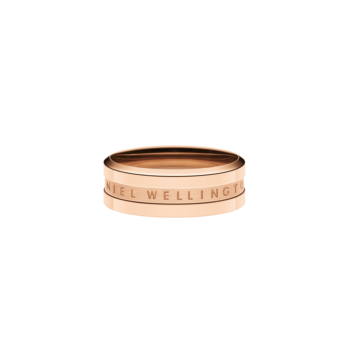 Rose gold Elan Ring featuring a smooth, minimalist band and the Daniel Wellington logo engraved around the edge.