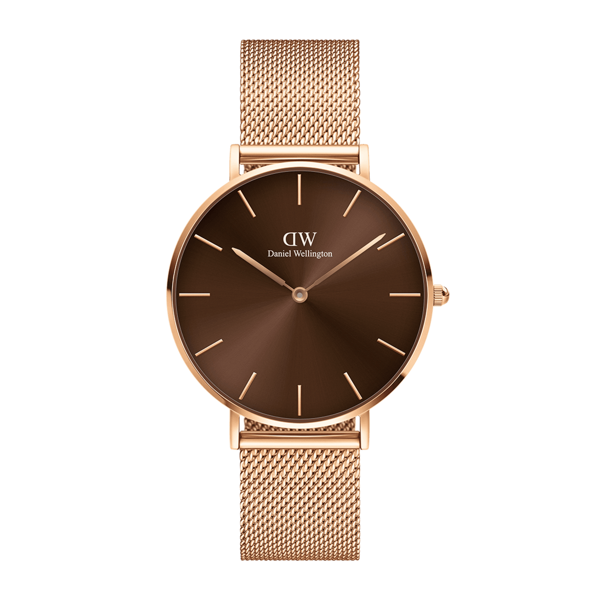 Daniel Wellington Petite Amber women’s watch with a minimalist amber brown dial, petite 28mm rose gold case, and an elegant mesh strap.