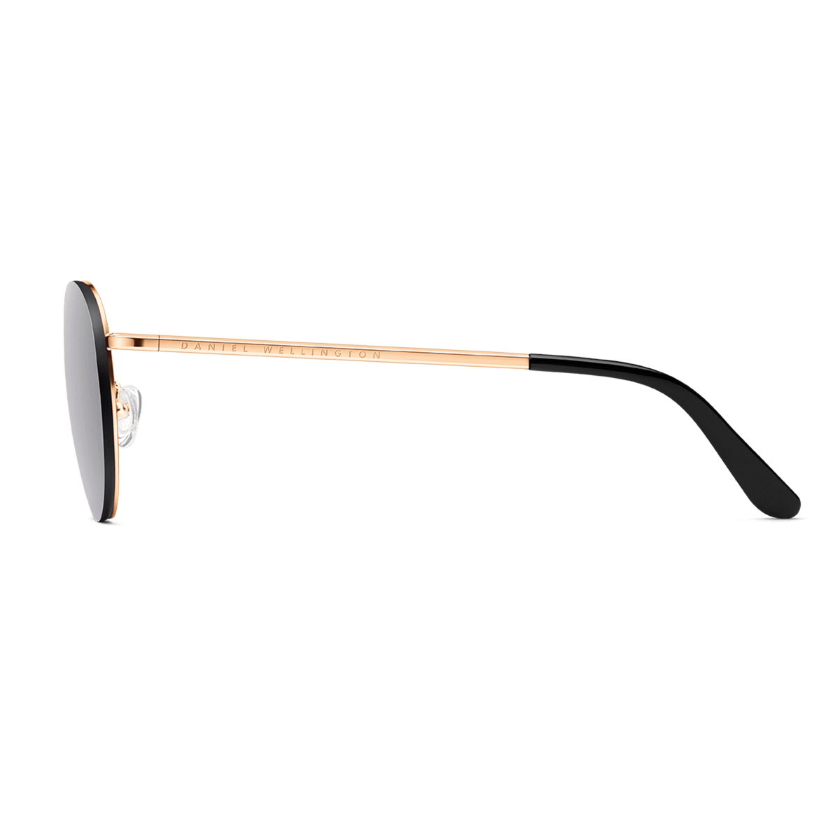 Side view of Arch Steel Black sunglasses showing the slim rose gold-plated stainless steel arm with subtle Daniel Wellington branding and black acetate temple tip.