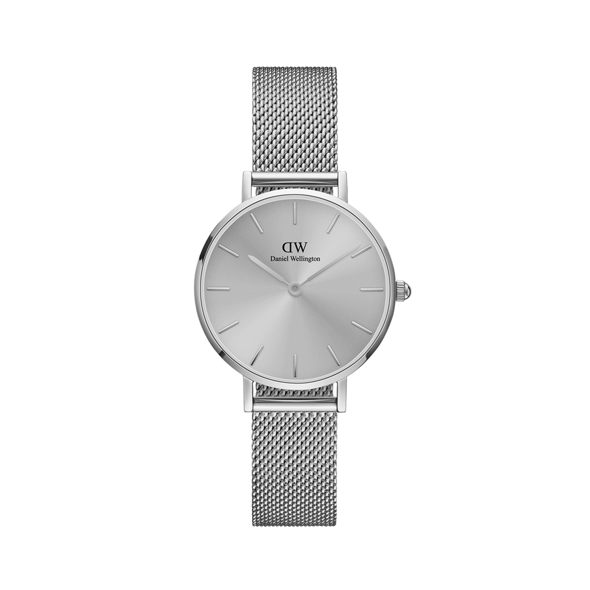 Daniel Wellington Petite Unitone Silver women’s watch with monochrome dial and fine stainless steel mesh strap.