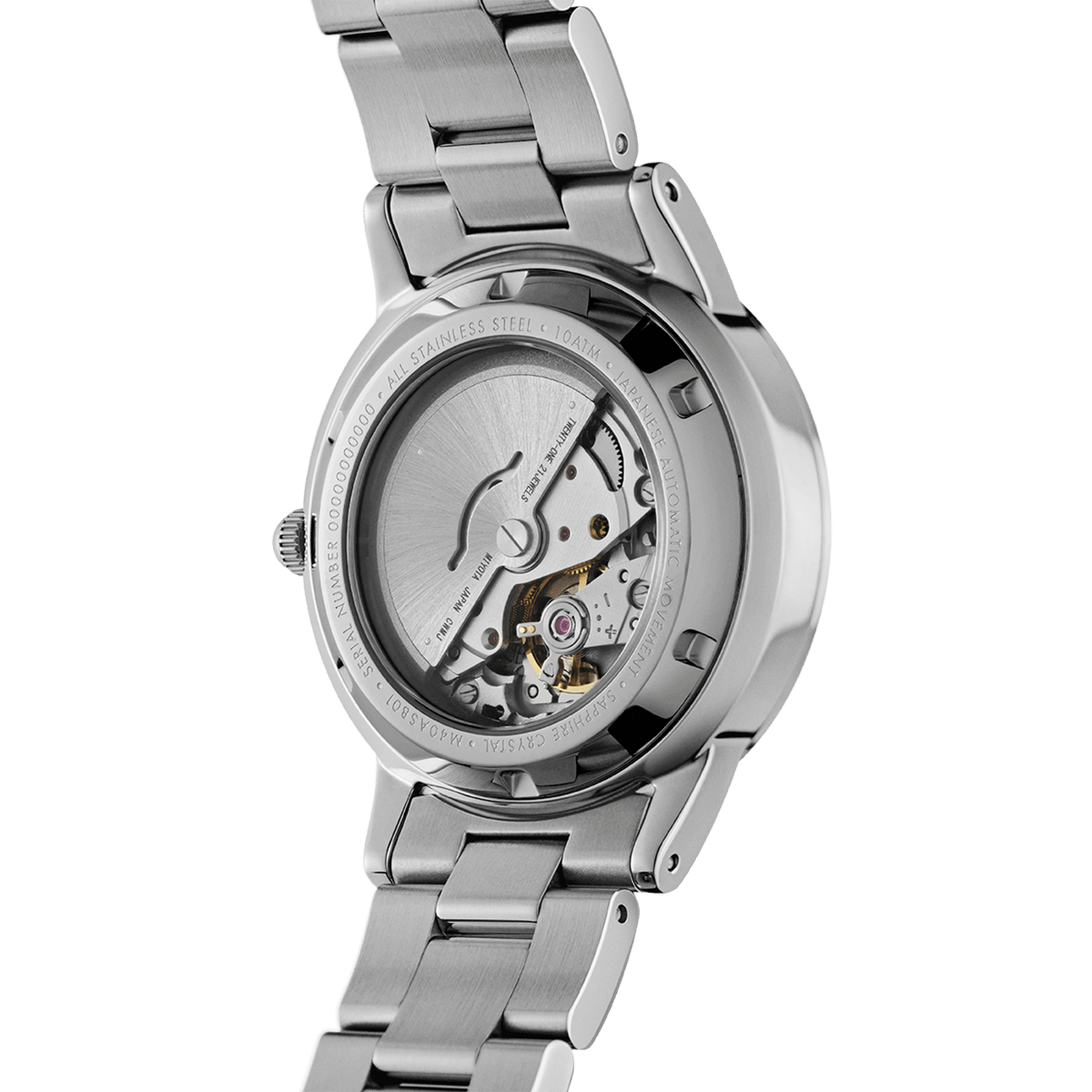 Exhibition case back of the Iconic Link Automatic watch showcasing the Japanese self-winding movement and stainless steel bracelet.