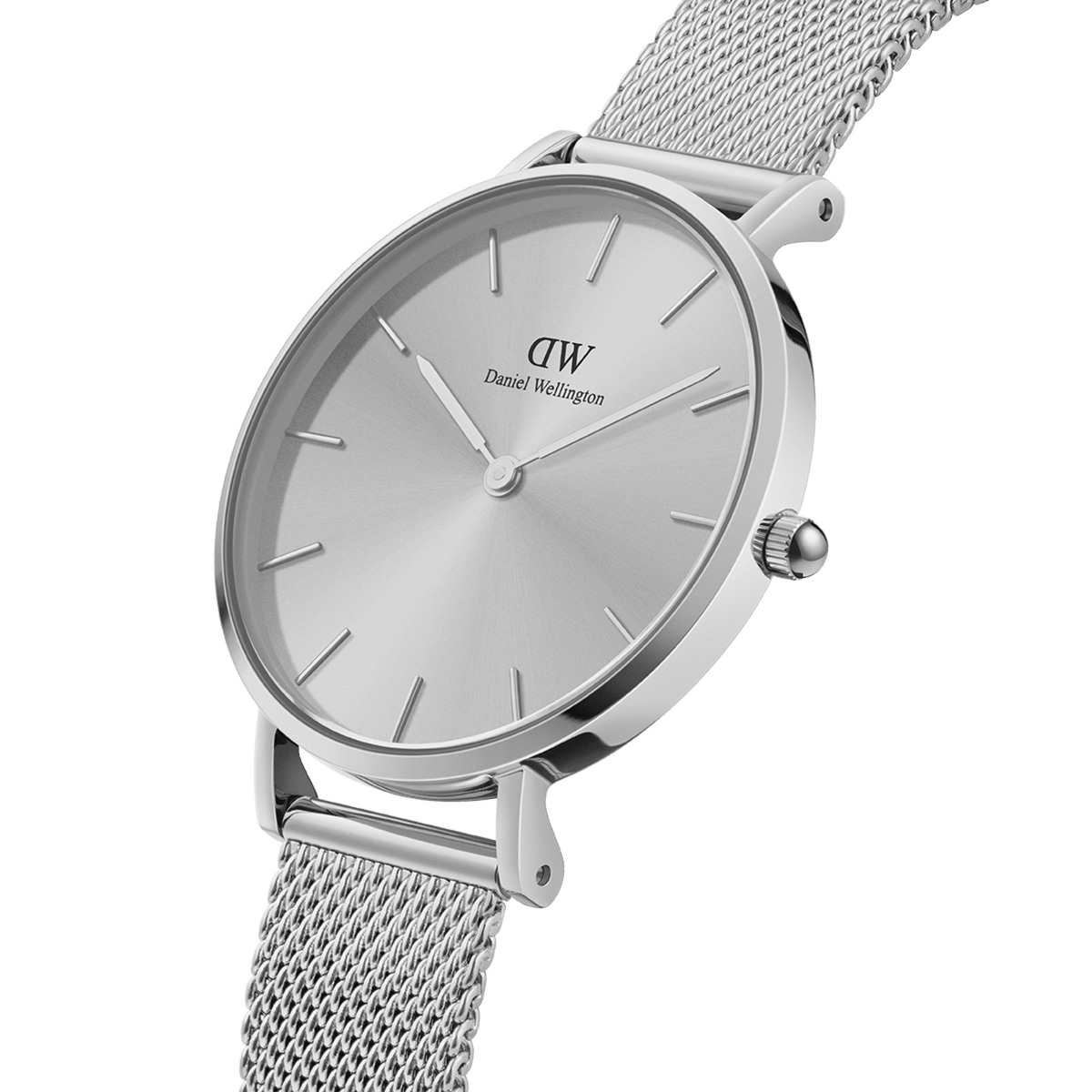 Daniel Wellington Petite Unitone Silver women’s watch with monochrome dial and adjustable stainless steel mesh strap.