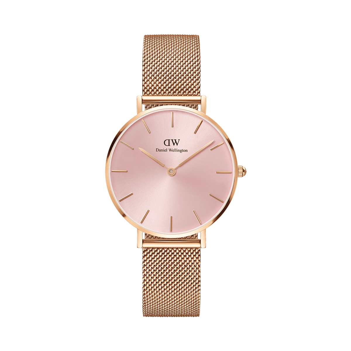 Elegant women's watch with a soft pink dial, minimalist markers, and a refined rose gold mesh strap.