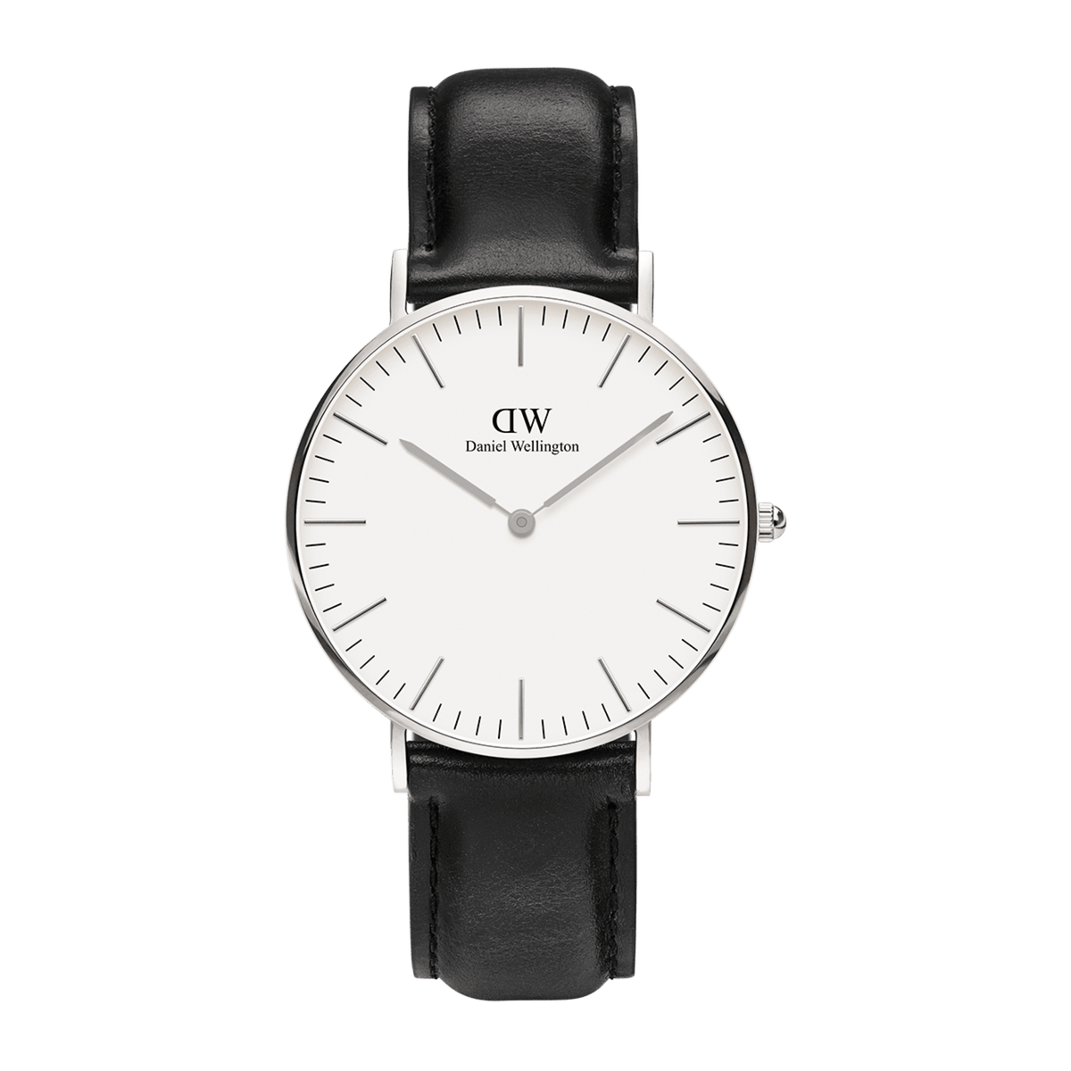 Minimalist silver Daniel Wellington Classic Sheffield watch with white dial and black leather strap, elegant unisex design.