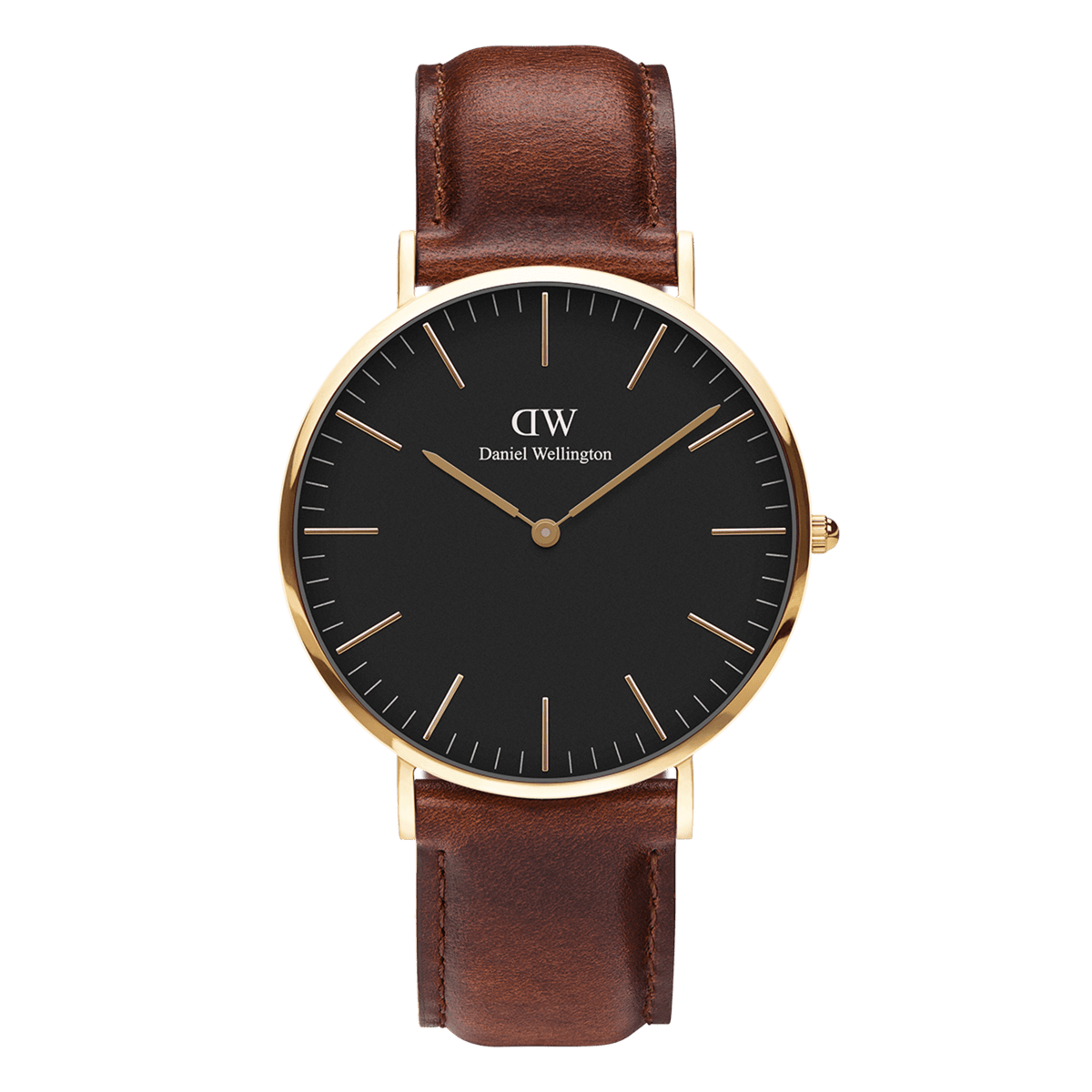 Daniel Wellington Classic St Mawes Gold watch with black dial, gold case, and brown leather strap, minimalist design.