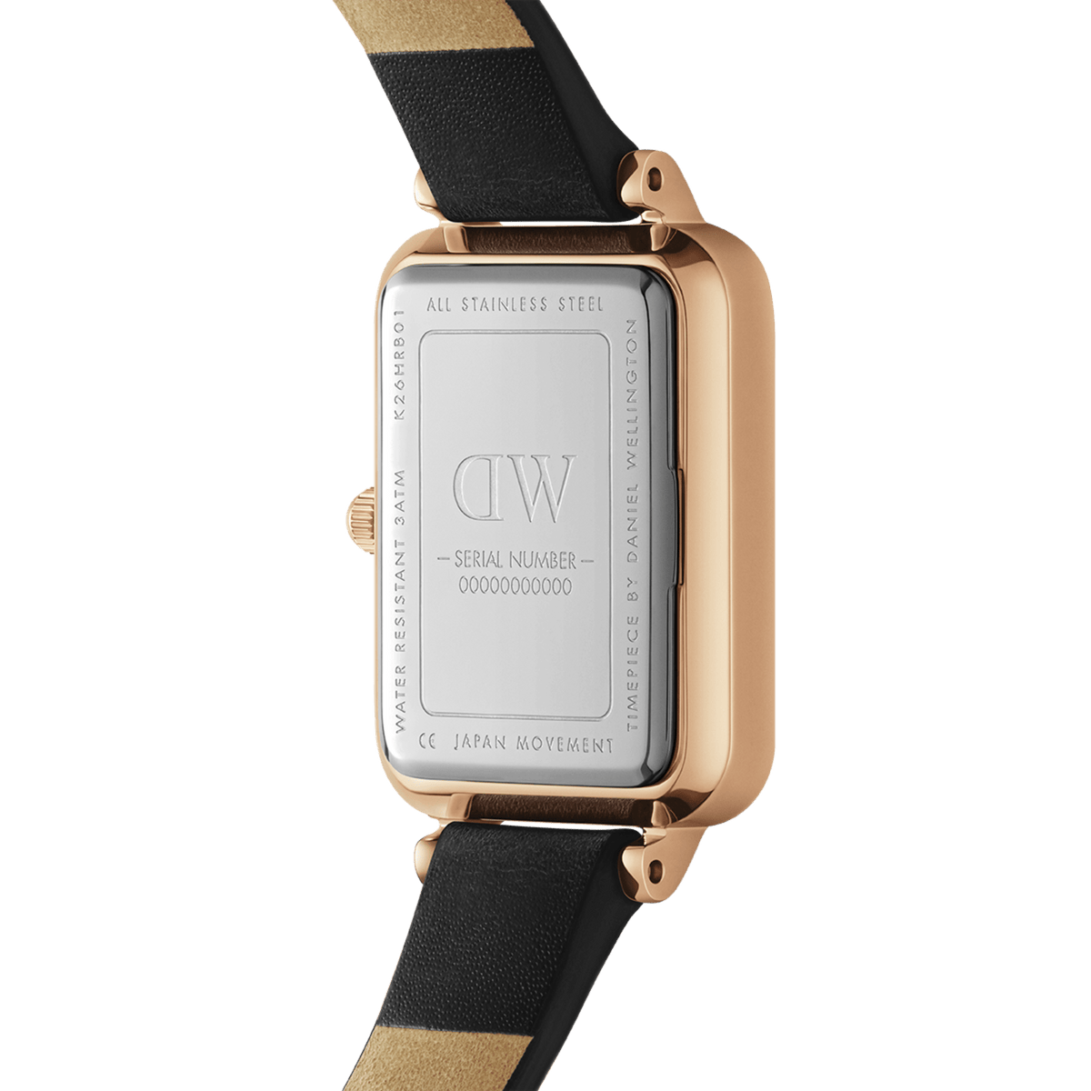 Close-up of the Quadro Pressed Sheffield Emerald Rose Gold watch showing the stainless steel case back, rose gold-plated edges, and black leather strap.