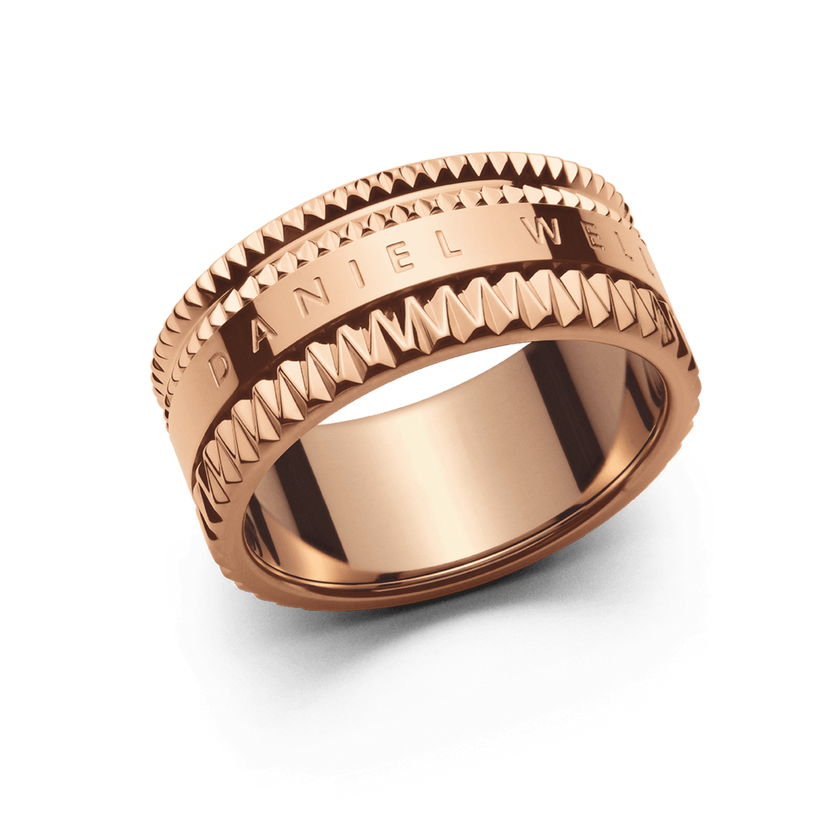 Wide rose gold ring with geometric textured edges, engraved with
