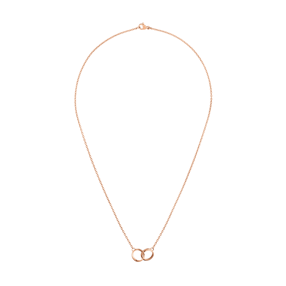 Elan Unity Necklace rose gold with delicate chain and two interlocking circles, minimalist jewellery for women.