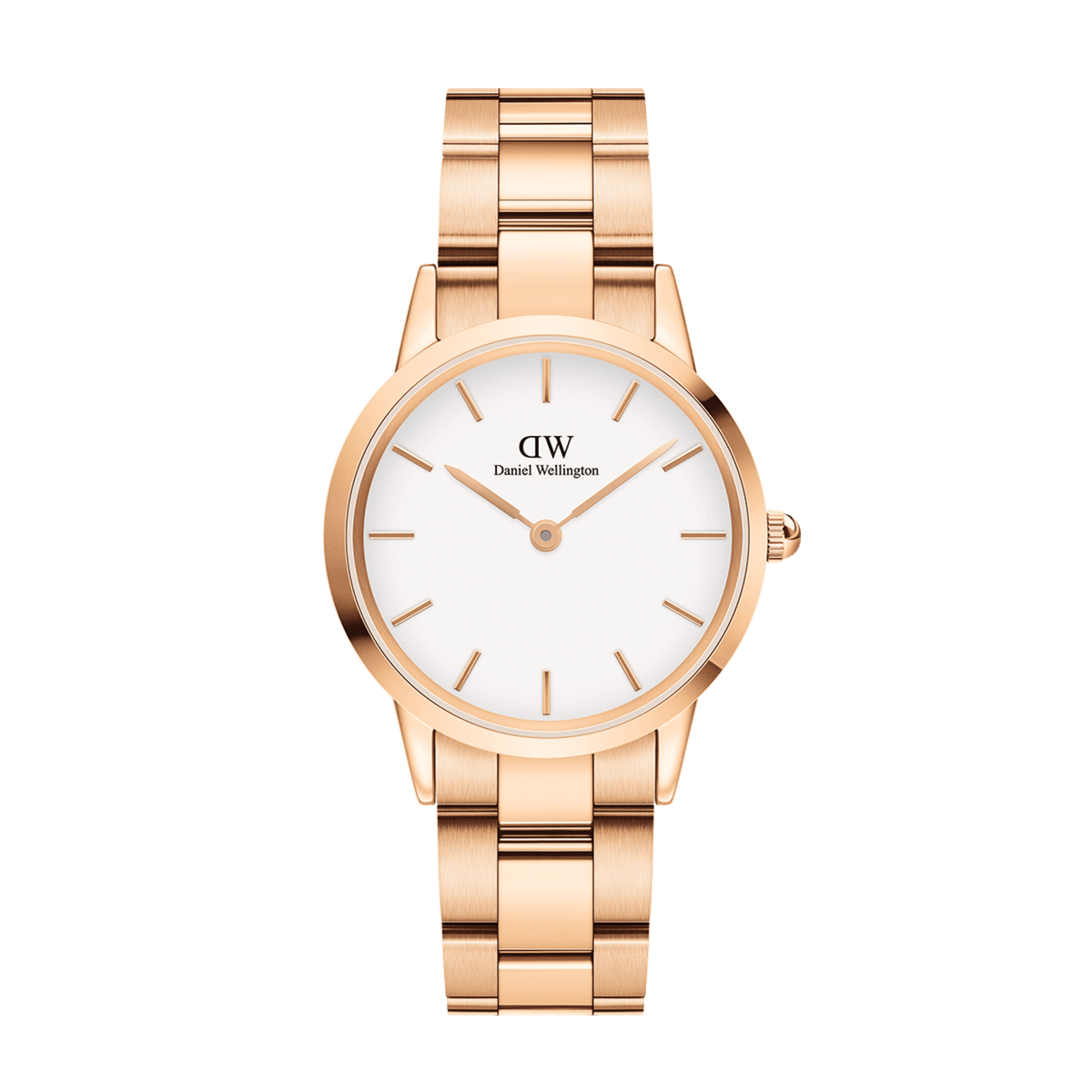 Rose gold Daniel Wellington Iconic Link watch with a polished stainless steel three-piece bracelet and minimalist eggshell white dial.