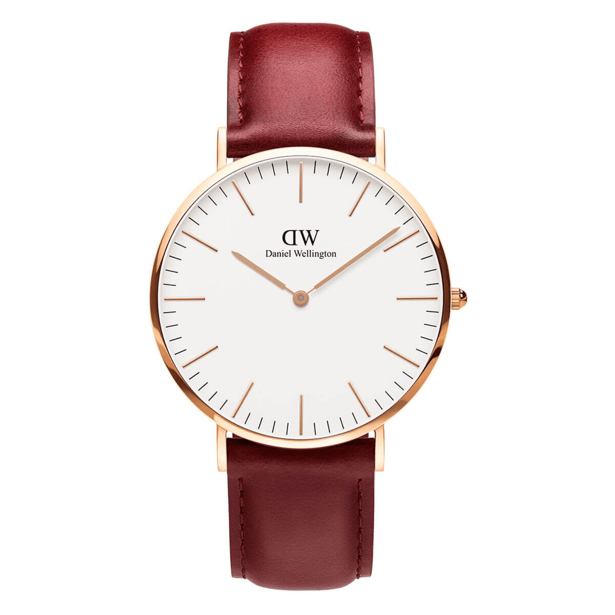 Classic Suffolk watch with a rose gold case, minimalist eggshell white dial, and a burgundy genuine leather strap.